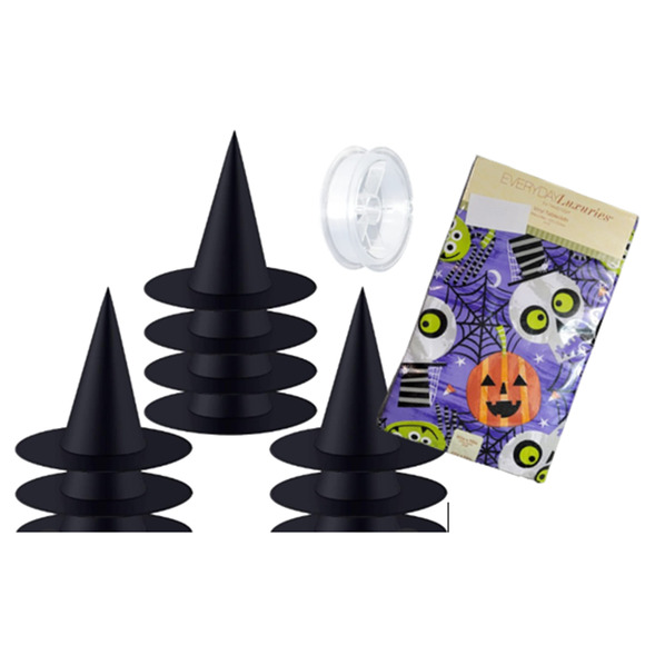 Halloween Party Decor 10 Piece Hanging Witch Hats Oval 60x84 Table Cloth - Picture 1 of 7